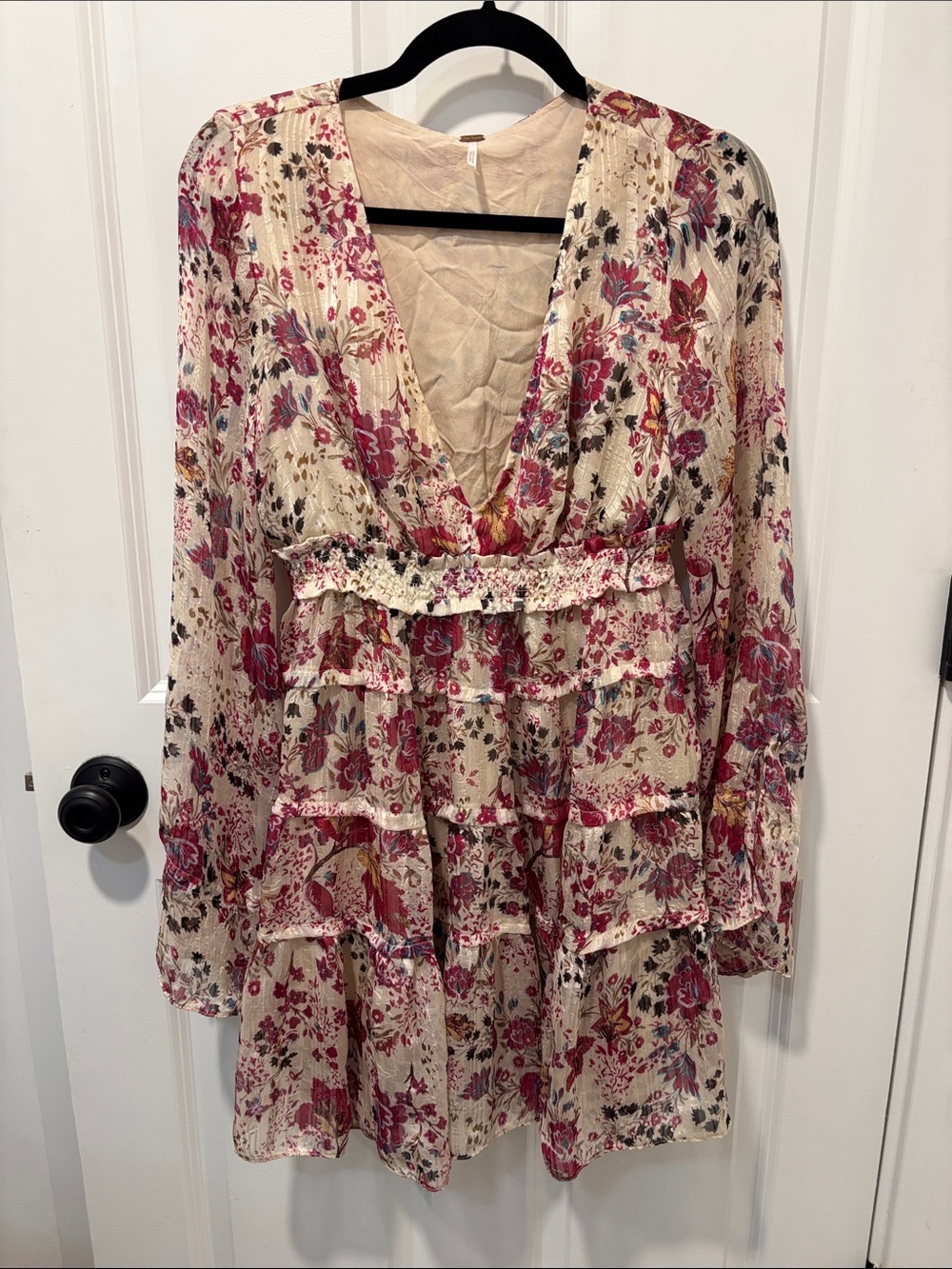 Free People Closer to the Heart Mini Dress Floral Tiered Ruffle Long Sleeve Boho - Picture 5 of 13
